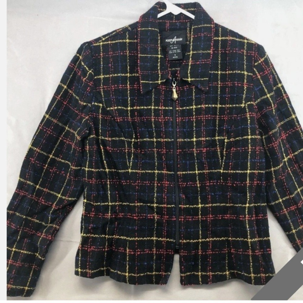 Positive Attitude Plaid Blazer Jacket Petite‎ 8 Black Red Yellow Blue Zipper